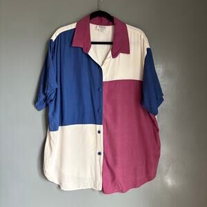 Vintage FRITZI Women's 3XL Colorblock Retro Button Up Collared Blouse 90's Boho